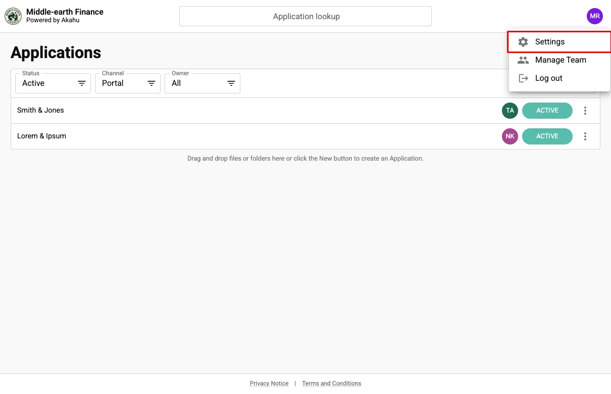 The Akahu Apply account menu with Settings highlighted
