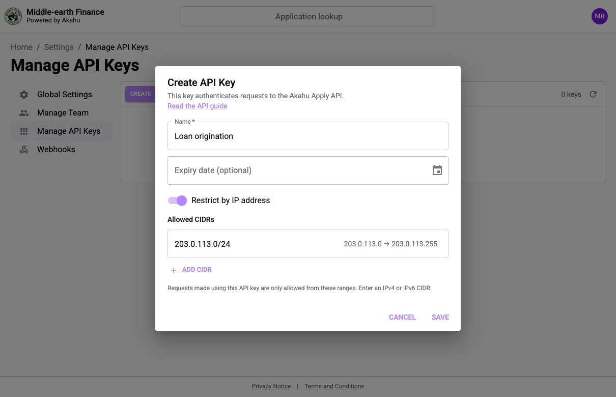 The Create API Key dialog with an IP restriction and one allowed CIDR