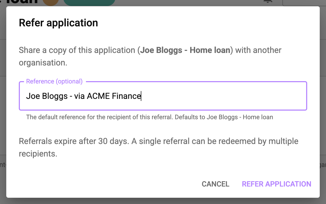 Refer application dialog with a reference entered
