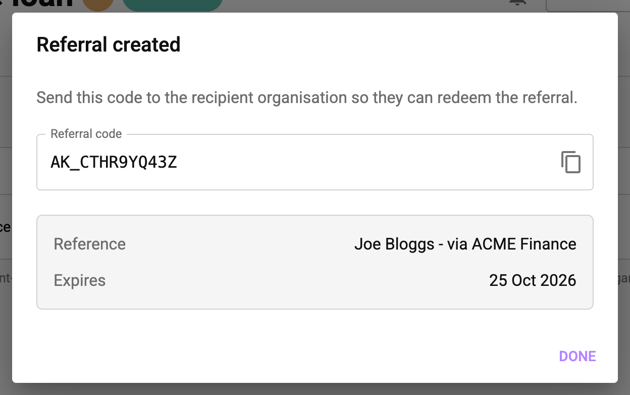 Referral created dialog showing the referral code and expiry date