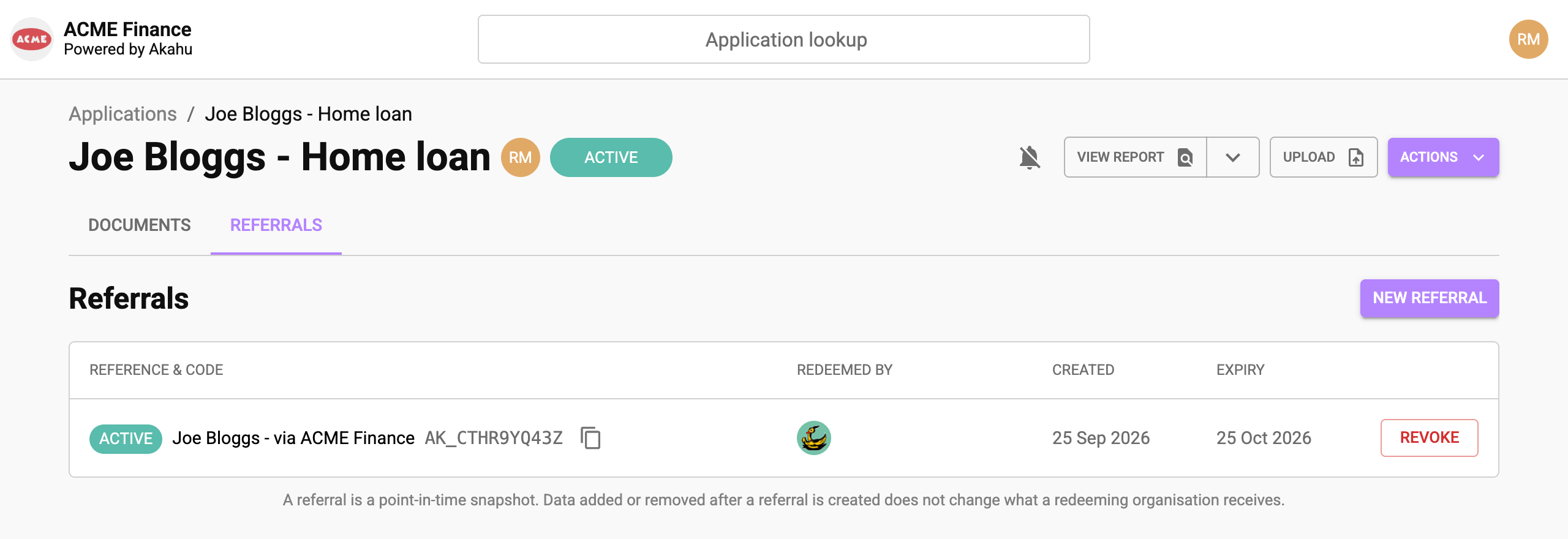 Referrals tab showing an active referral and the organisation that redeemed it
