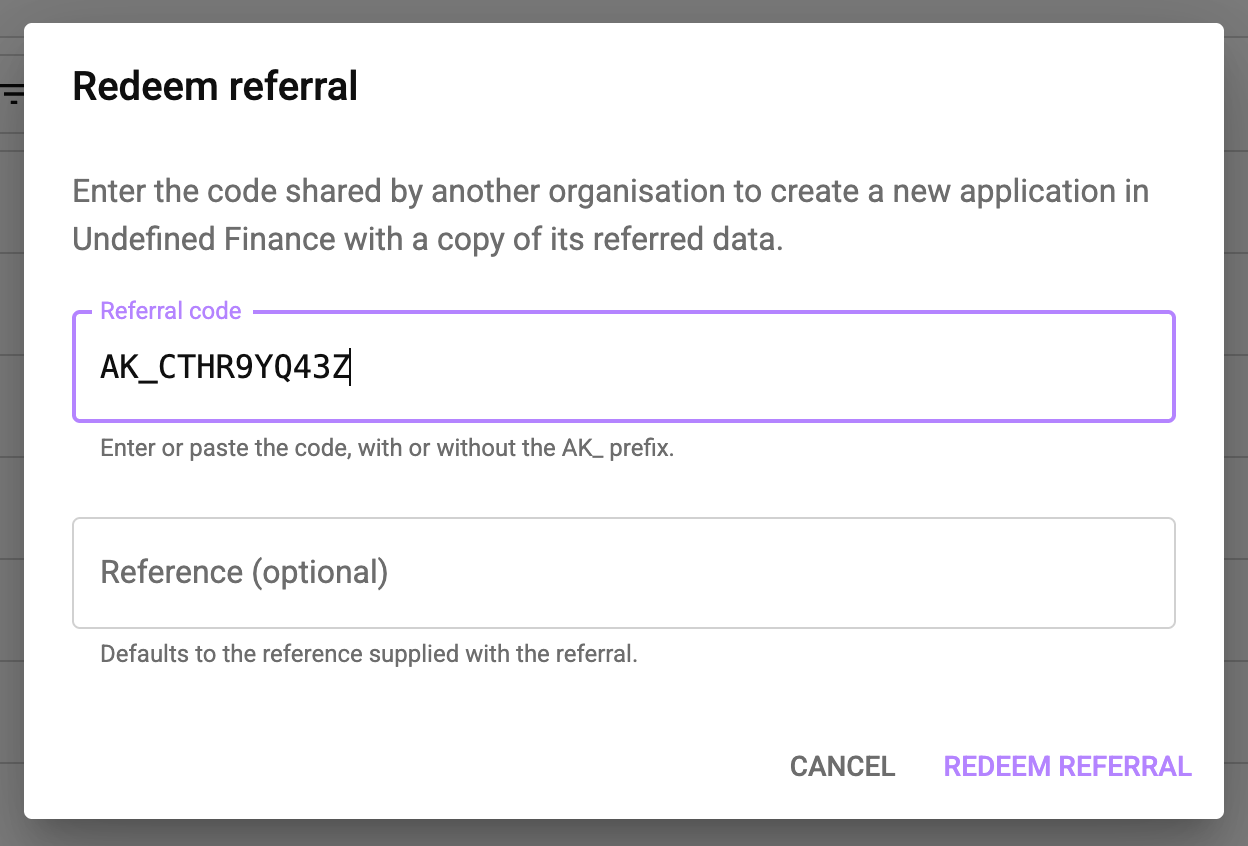 Redeem referral dialog with a referral code entered