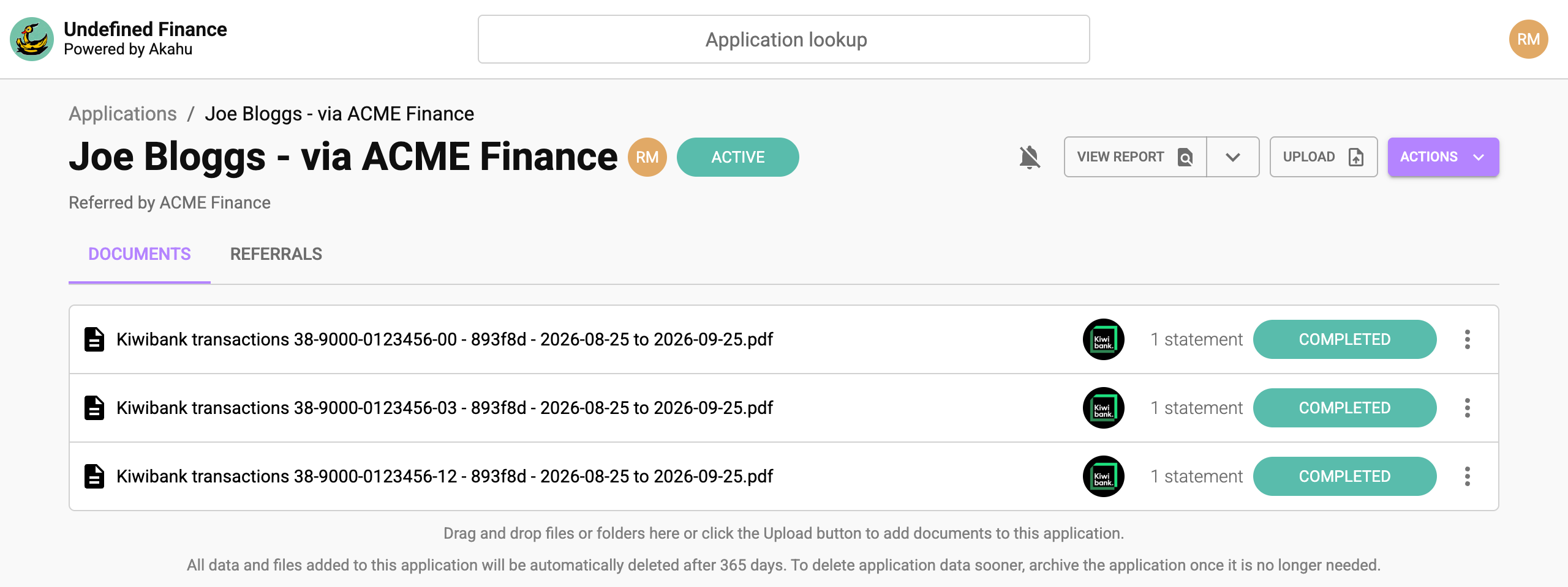 Application created from a redeemed referral, showing the referring organisation