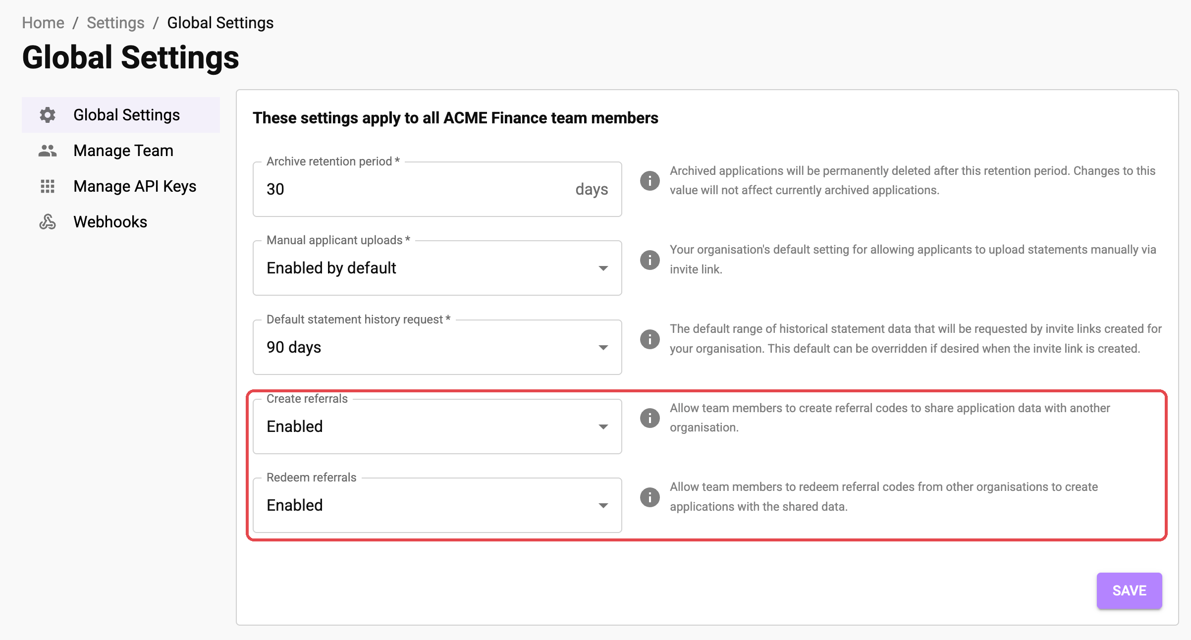 Global Settings page with the Create referrals and Redeem referrals settings highlighted