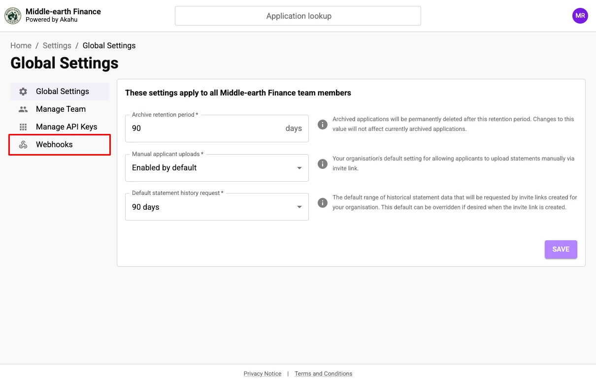 The settings page with Webhooks highlighted in the settings menu