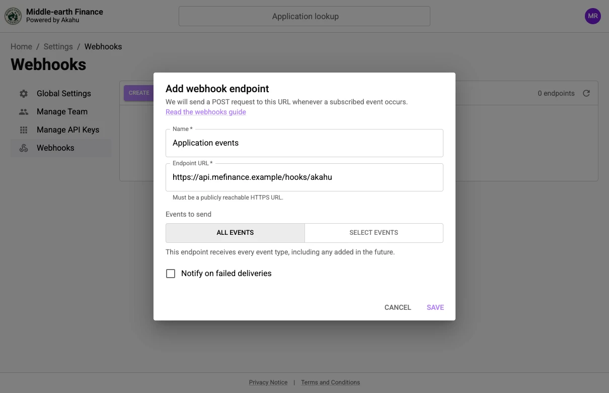 The Add webhook endpoint dialog with a name and endpoint URL filled in