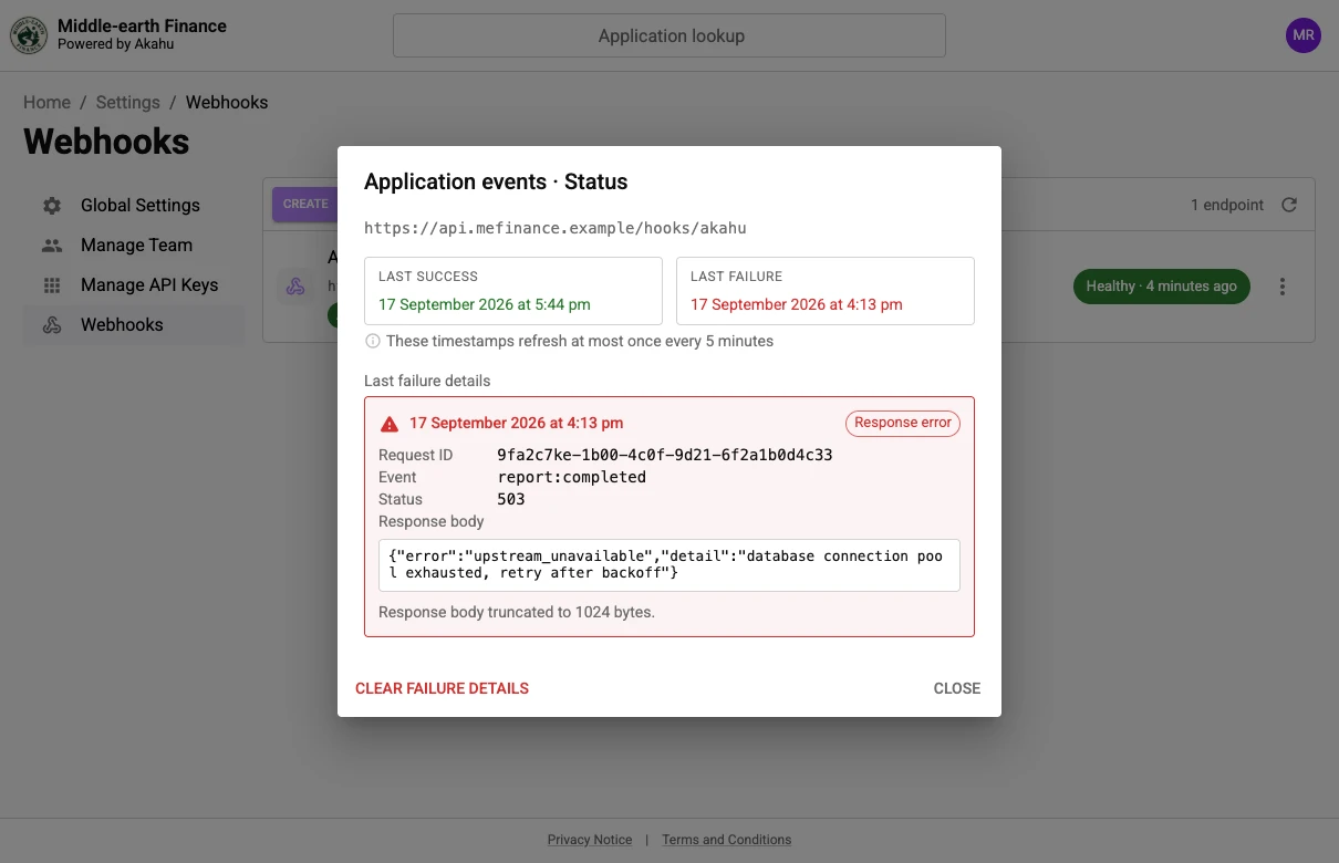 The delivery status dialog for a webhook endpoint