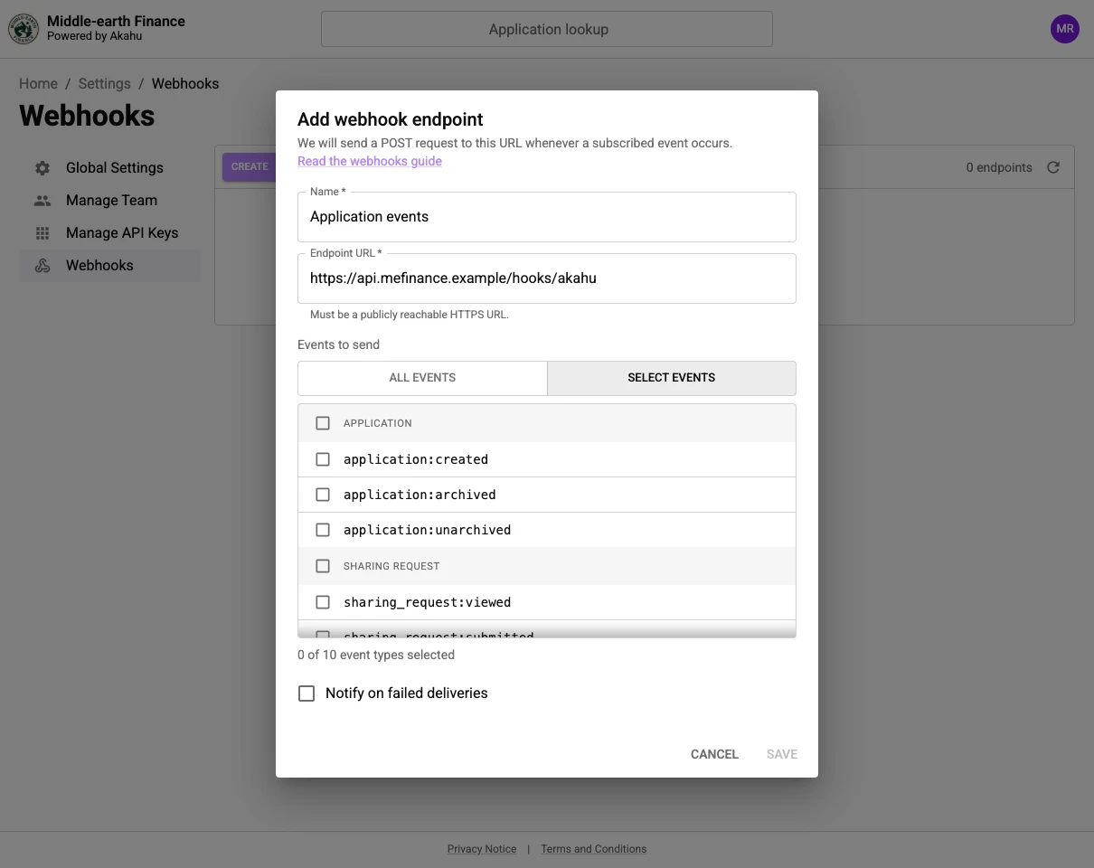 The Add webhook endpoint dialog showing the event type selection