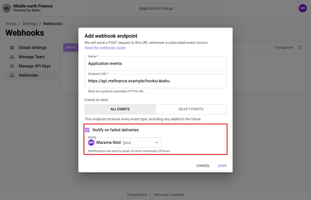 The Add webhook endpoint dialog with failure notifications on and a recipient chosen