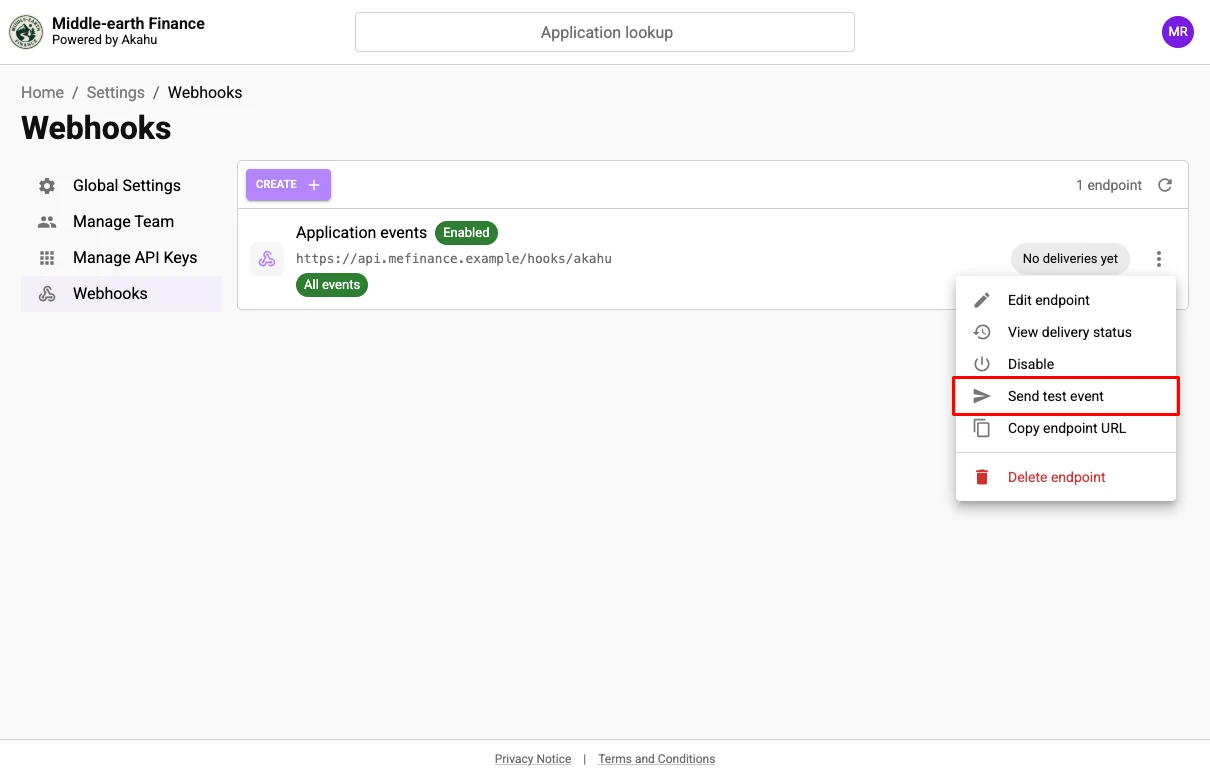 The endpoint's menu with Send test event highlighted