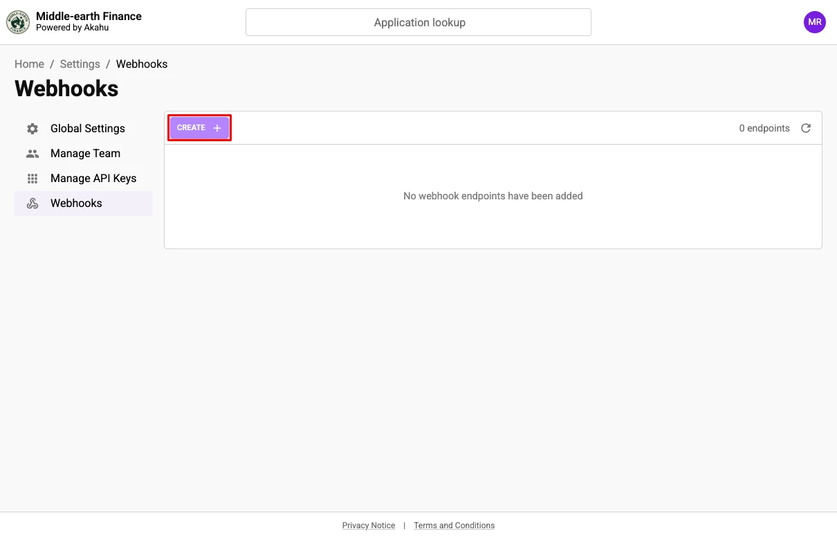 The webhooks settings page with the Create button highlighted