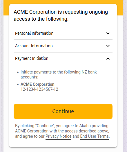 Payee bank accounts shown on Akahu consent screen